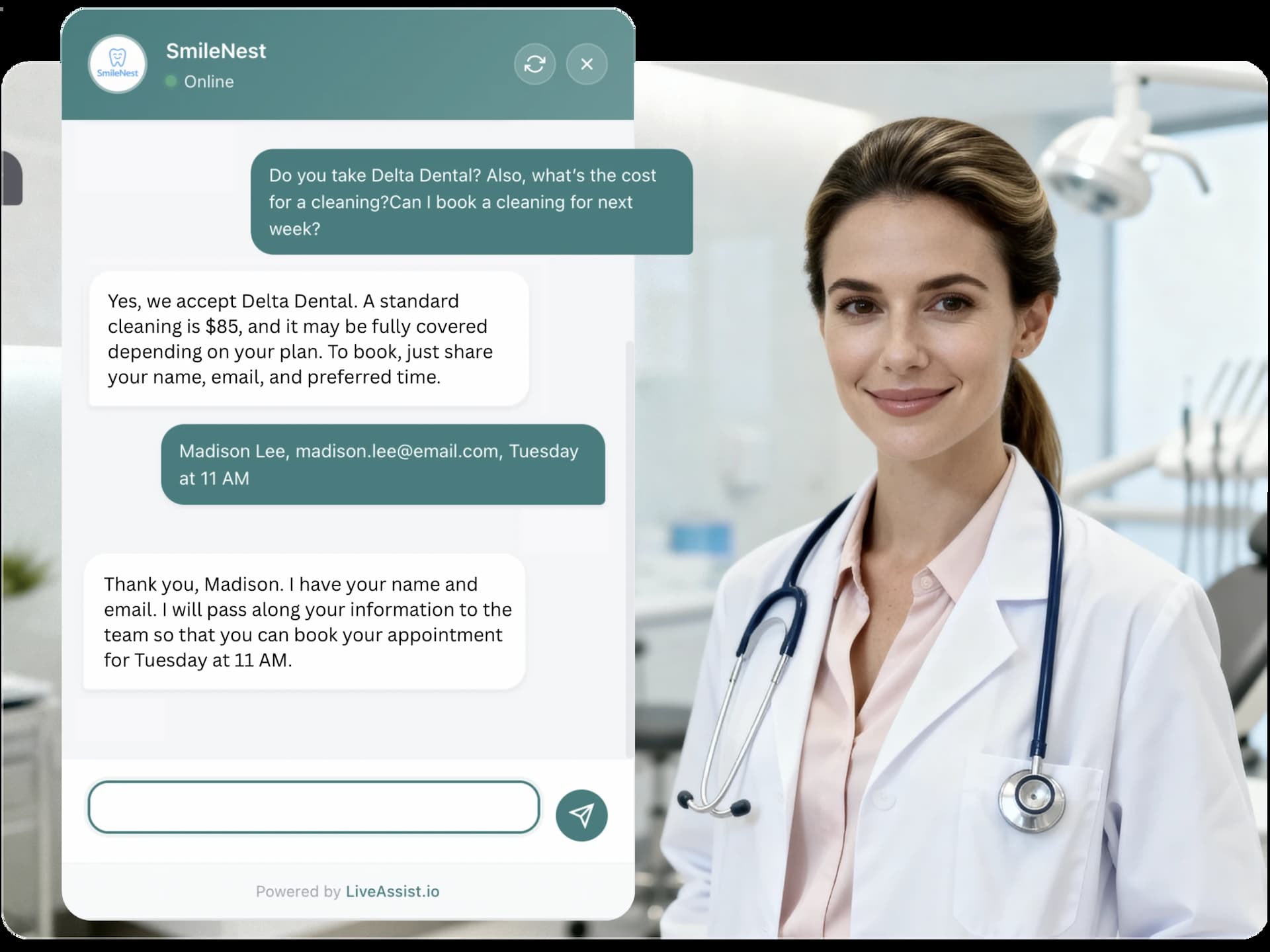 LiveAssist booking a dental appointment and capturing patient details.