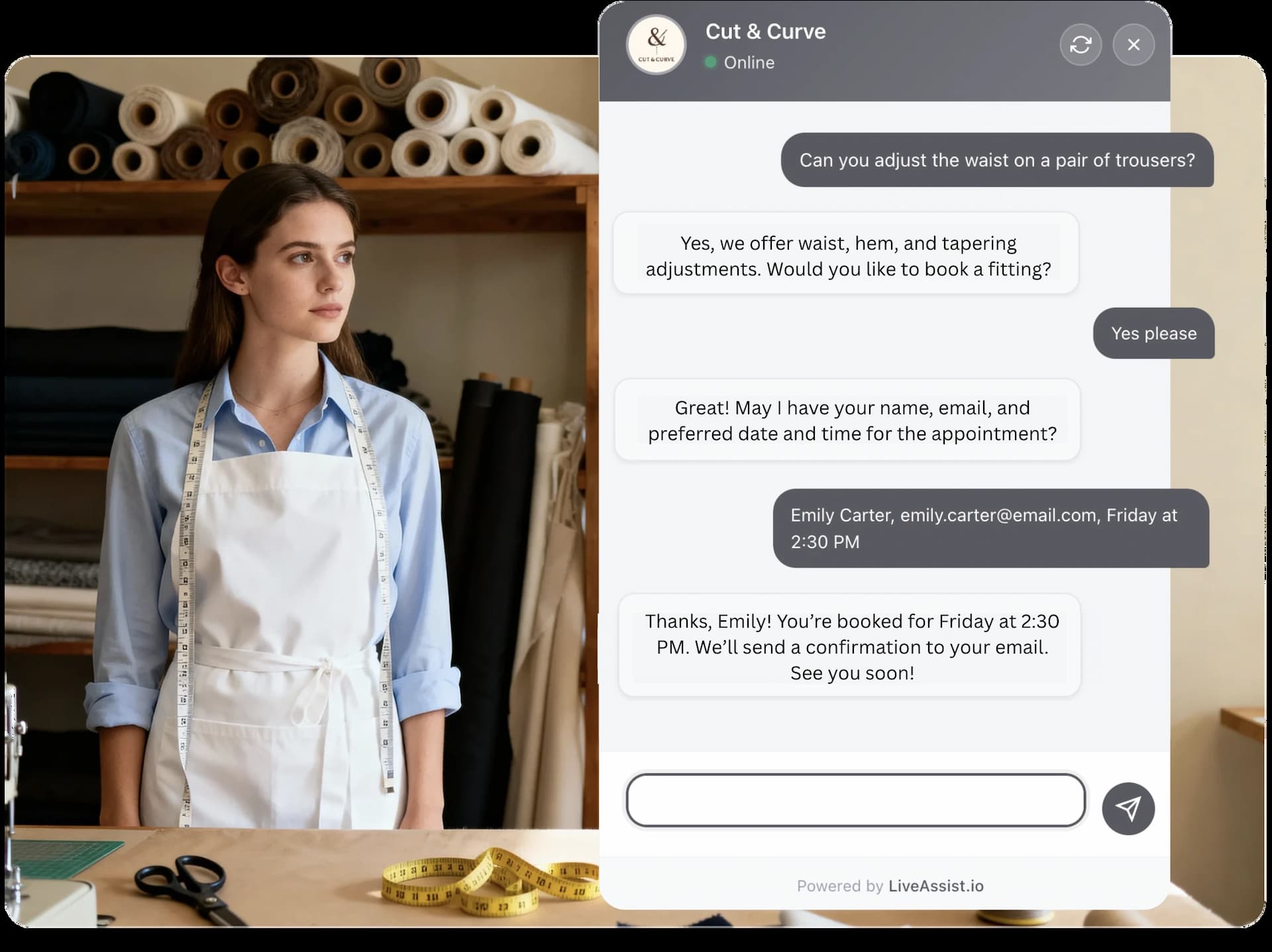 LiveAssist handling a tailoring inquiry and collecting booking information.